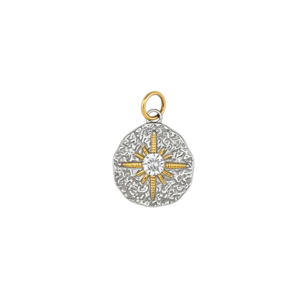 HOUSE OF EVEN Starburst Medallion charm featuring a hammered silver-tone disc with a gold starburst and clear zircon.